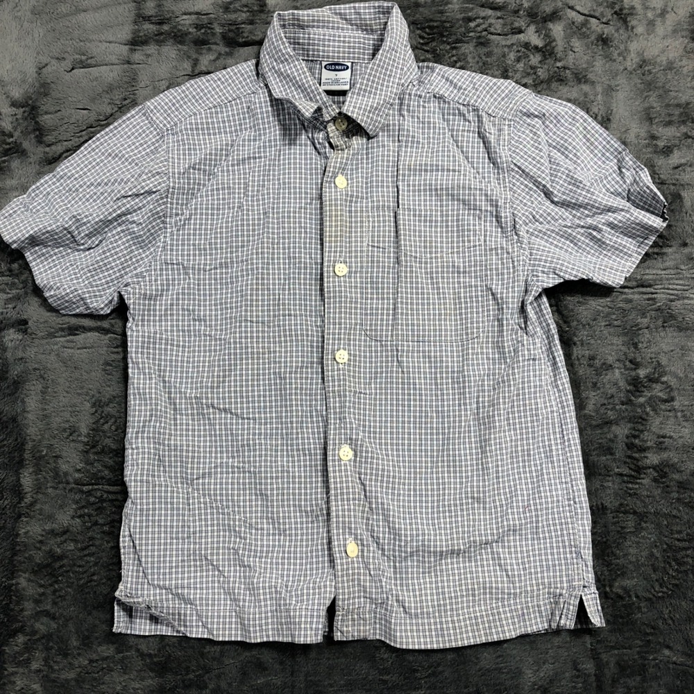 Old‎ Navy Button Down Shirt Kids Size 7 Blue Gingham Short Sleeve Cotton 305456